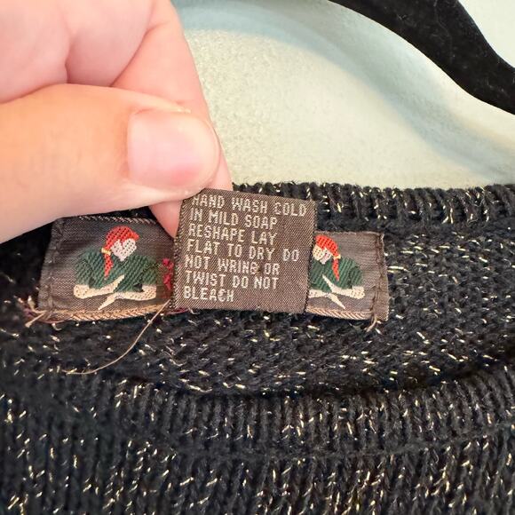 Vintage 80s Jordache Studio Sweater Womens M Black Cozy Metallic Dog Patch Art - Picture 6 of 7